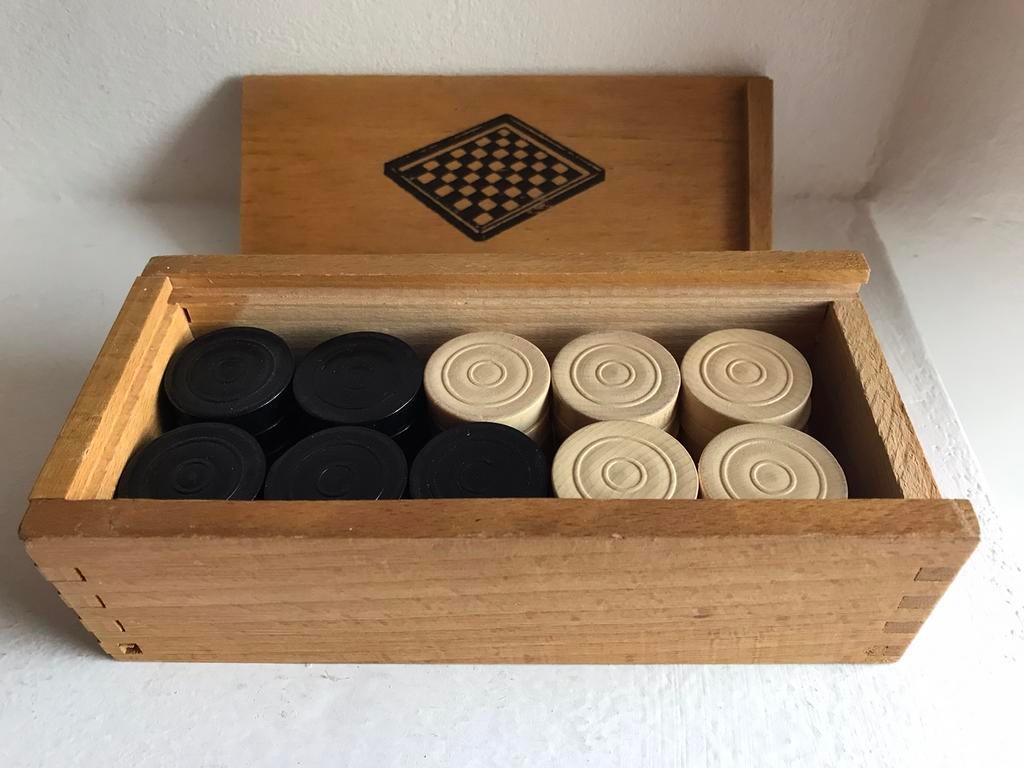 Damstenen hout in kistje vintage / Regina Homas, Een of twee spelers, Ophalen of Verzenden, Gebruikt