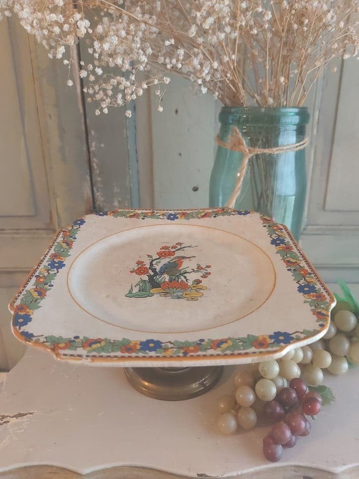 Antieke Art Deco Taartschaal met Vogeldecoratie,ijsvogel, Ophalen of Verzenden