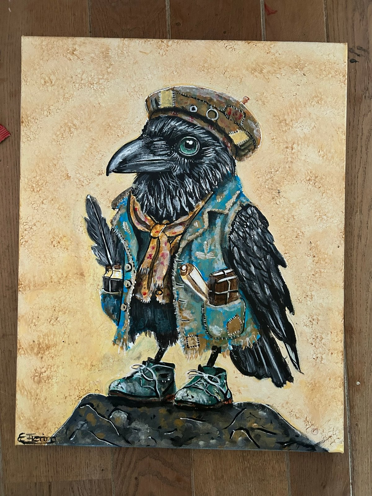 Schilderij 'De Schrijvende Kraai' - Acryl op doek, Antiek en Kunst, Ophalen of Verzenden