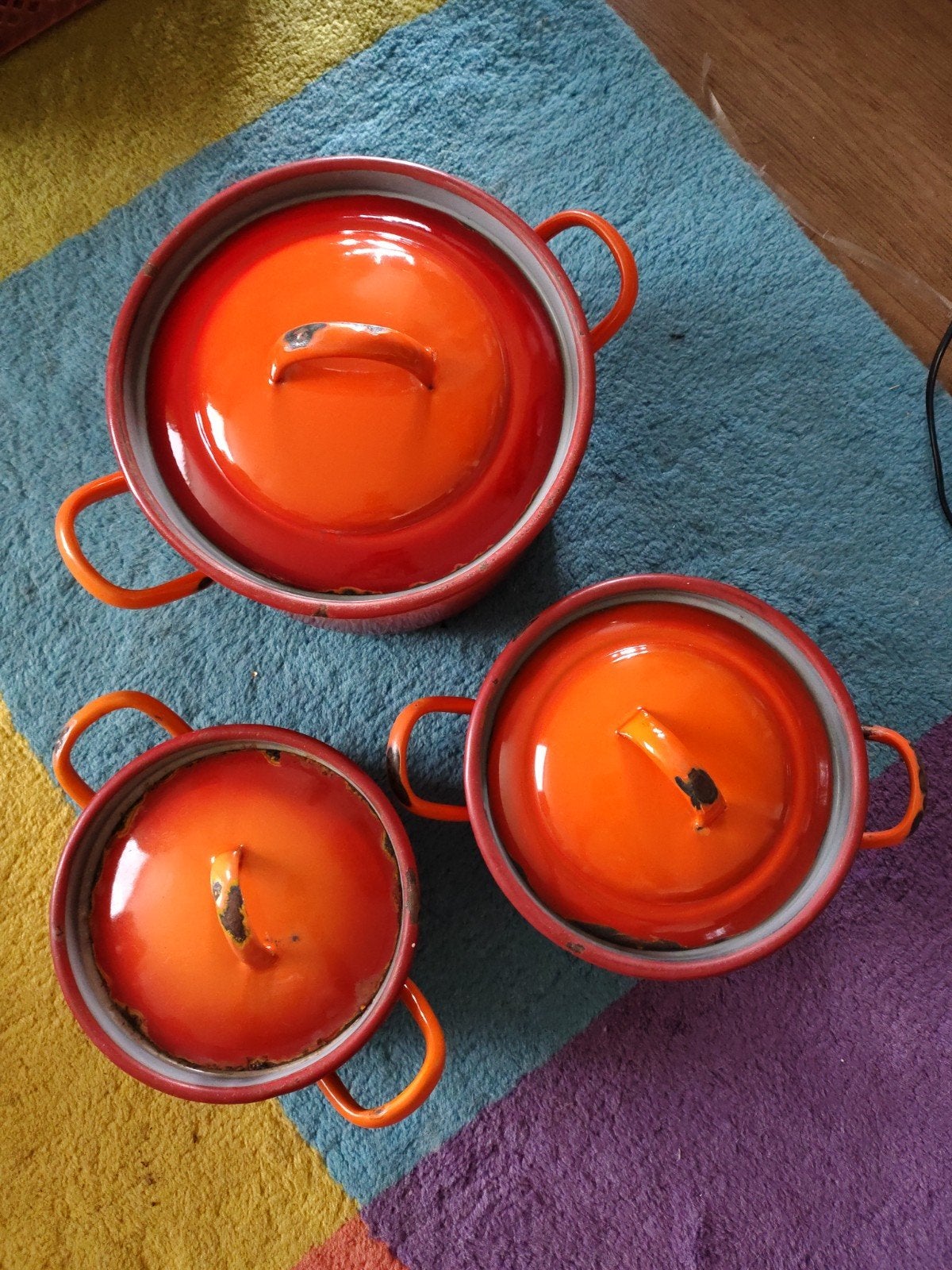 Set van 3 vintage oranje emaille pannen met deksels, Ophalen of Verzenden