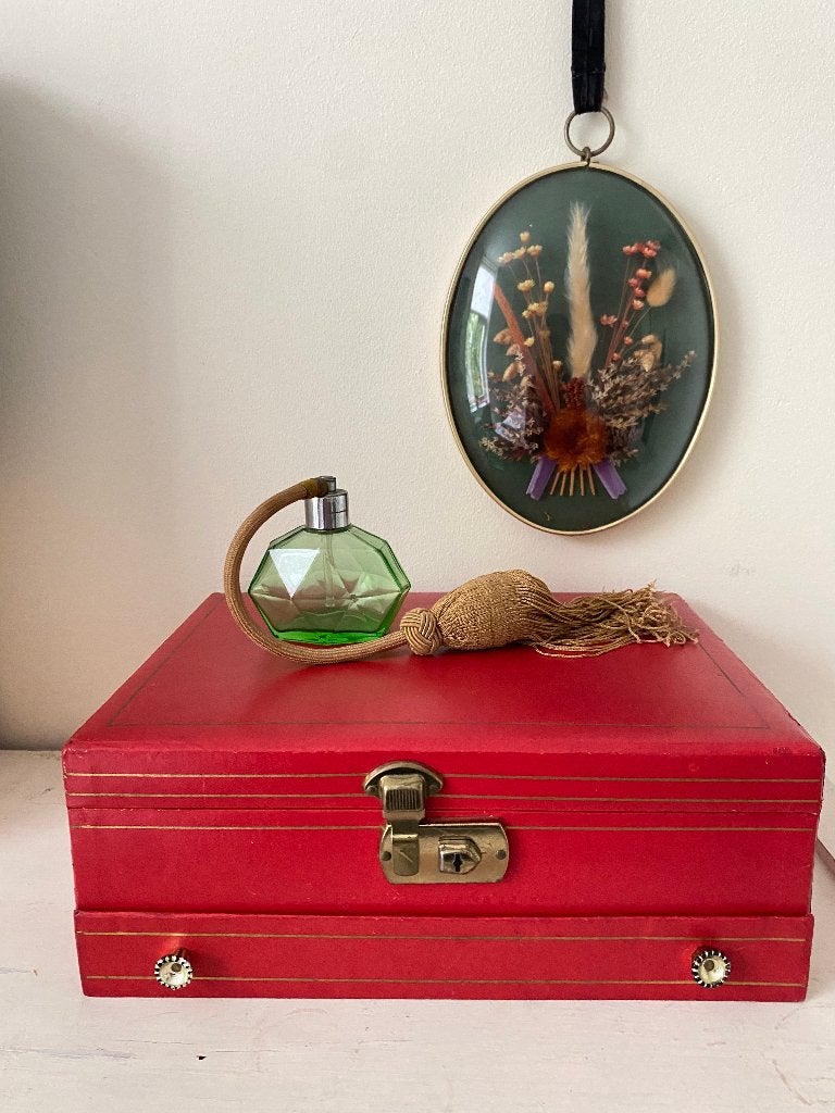 Vintage sieraden doos, juwelen kist, beauty case, jaren 50, Gebruikt, Ophalen of Verzenden, Met slot, Hardcase