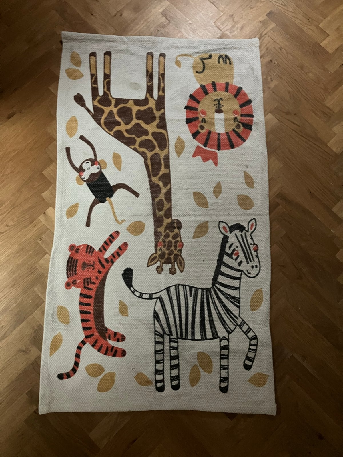 Kinder Vloerkleed met jungle dieren - 65 x 115 cm, Gebruikt, 100 tot 150 cm, Beige, Rechthoekig