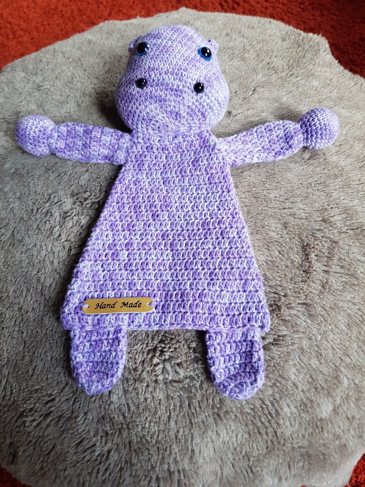 Nieuw handgemaakt lila Nijlpaard, baby,knuffel,knuffeldoekje, Ophalen of Verzenden, Nieuw, Kraamcadeau