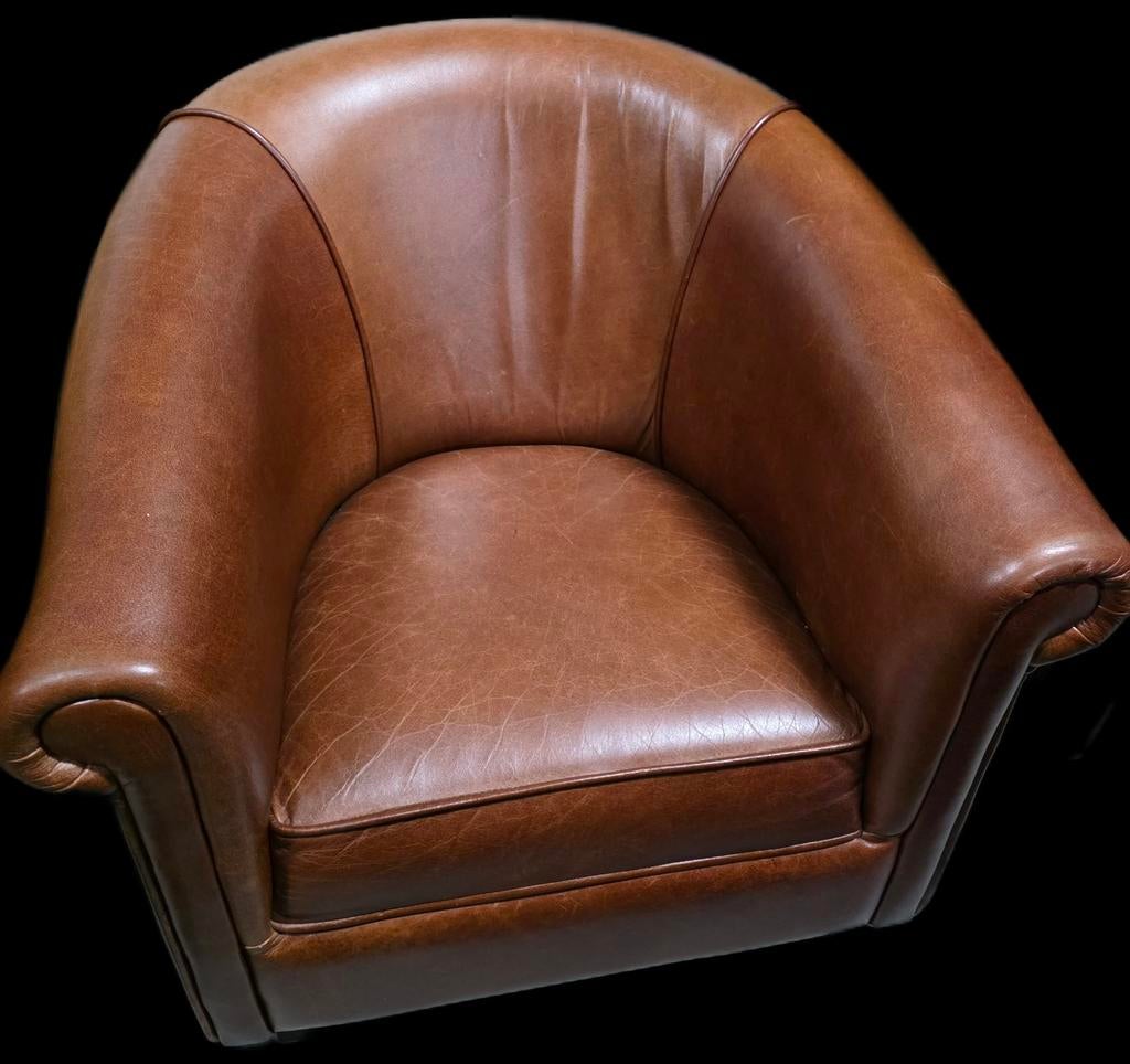 Cognac leren Chesterfield club fauteuil - GRATIS BEZORGD, Gebruikt, ., Chesterfield, Ophalen of Verzenden