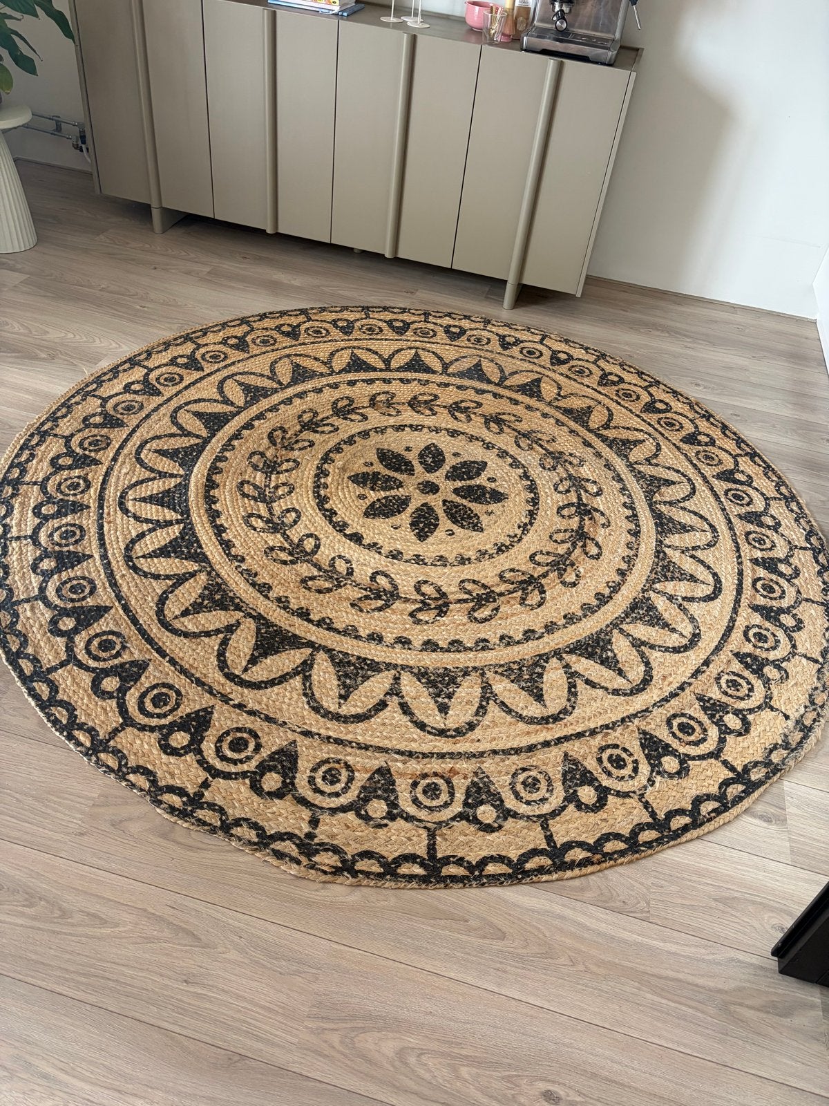 BY-BOO Jute Vloerkleed Rond Zwart/Naturel, Huis en Inrichting, Ophalen, Bruin, Rond, 200 cm of meer