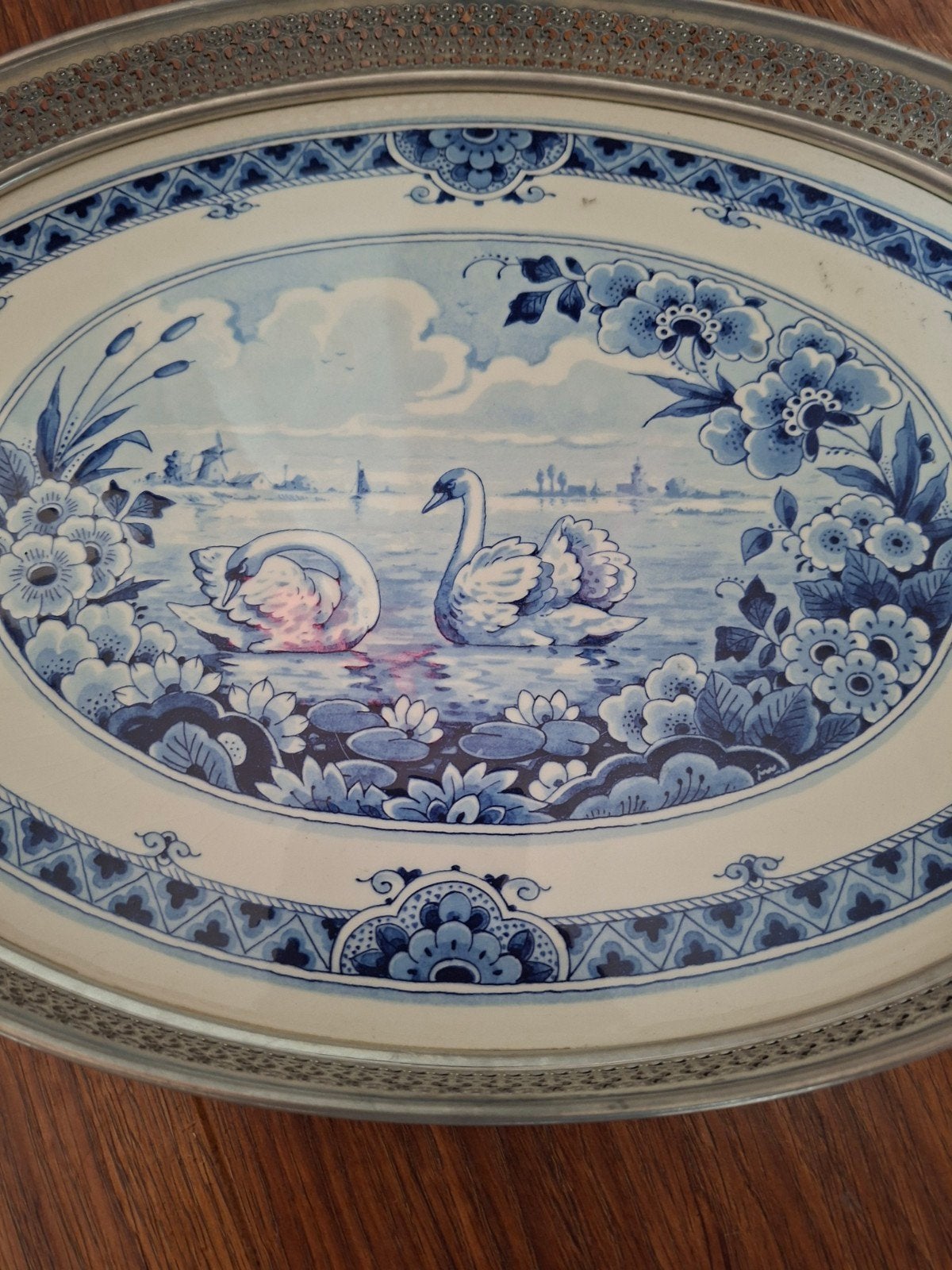 Antieke Delfts Blauwe Schaal met Zwanen en Bloemen, Antiek en Kunst, Ophalen