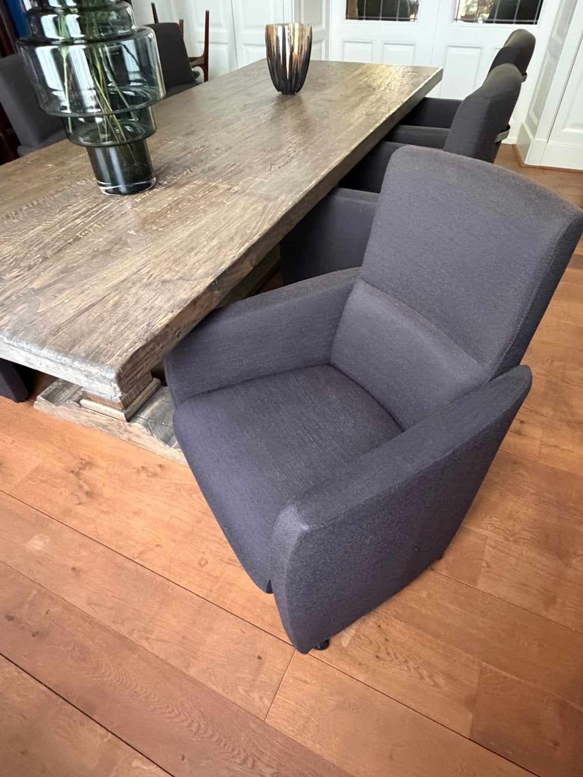 Zes comfortabele eetkamerstoelen, Huis en Inrichting, Ophalen, Gebruikt, Zwart, Stof