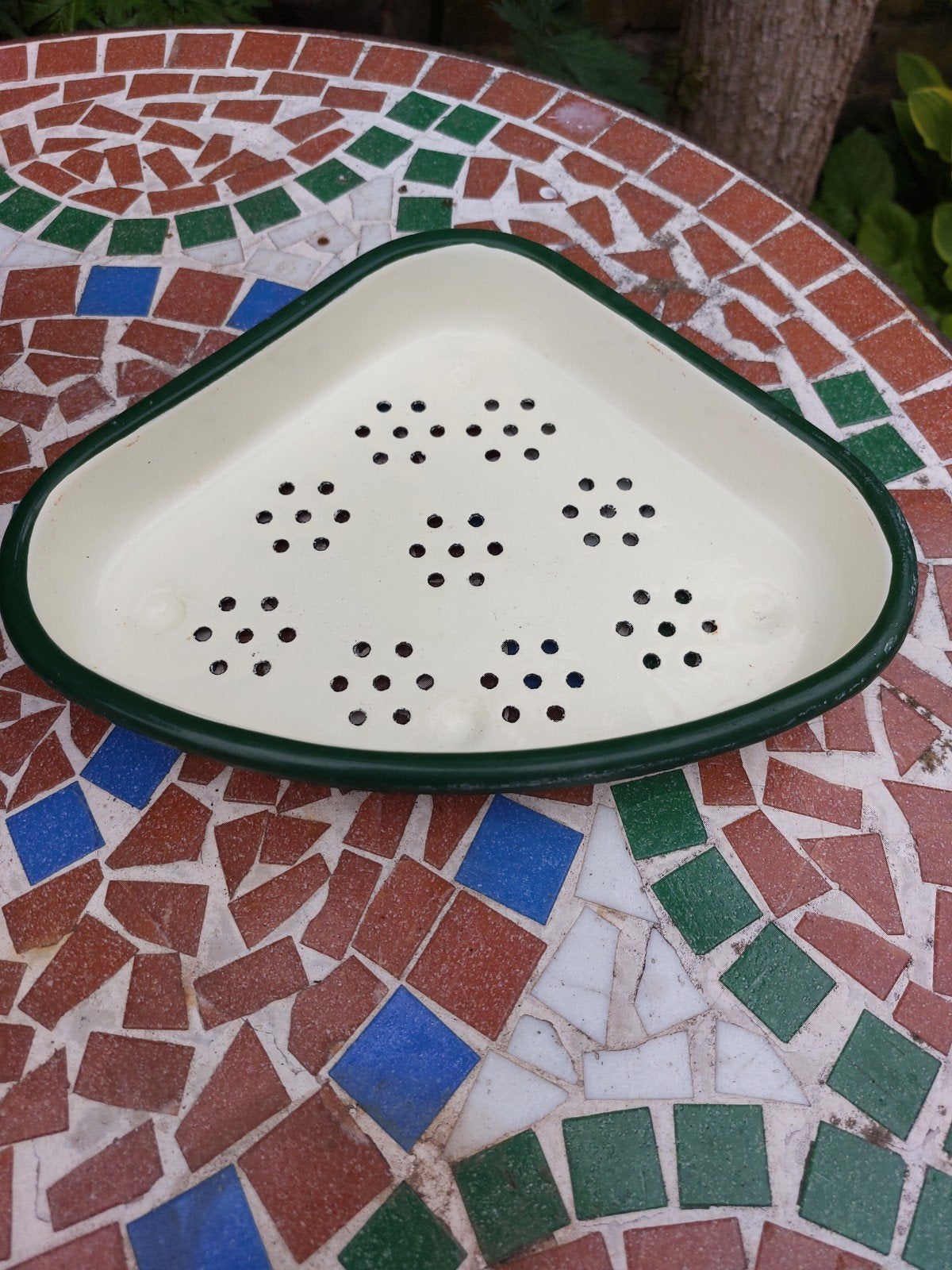 Vintage geëmailleerde vergiet/zeef, crème met groen, Ophalen of Verzenden