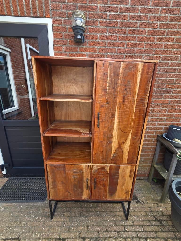 Hoge acaciahouten kast met open vakken en deuren, Ophalen, 50 tot 100 cm, 150 tot 200 cm, 25 tot 50 cm