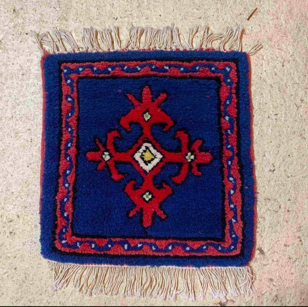 Vintage geknoopt vierkant tapijt blauw roodbruin 38/38, Minder dan 50 cm, Gebruikt, Blauw, Vierkant