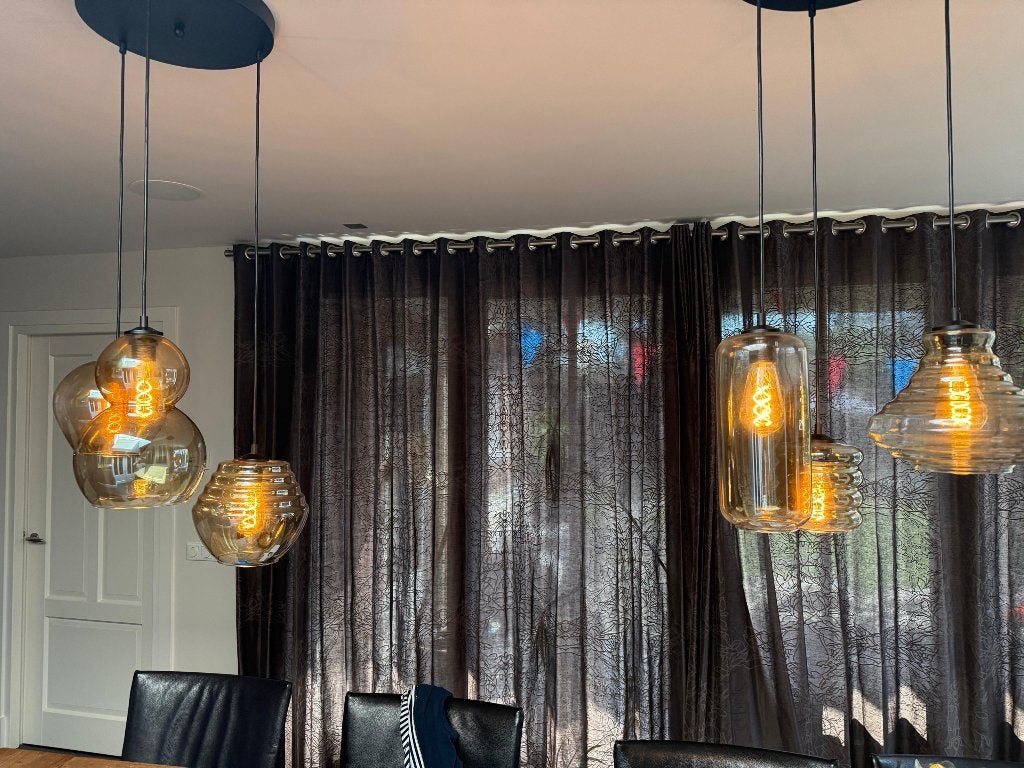 Glazen hanglamp 2 stuks, Ophalen, Zo goed als nieuw, Glas, E27 (groot)
