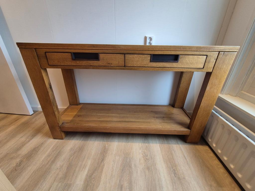 Eikenhouten sidetable met lades en plank, Ophalen, Gebruikt, 50 tot 100 cm, 100 tot 150 cm