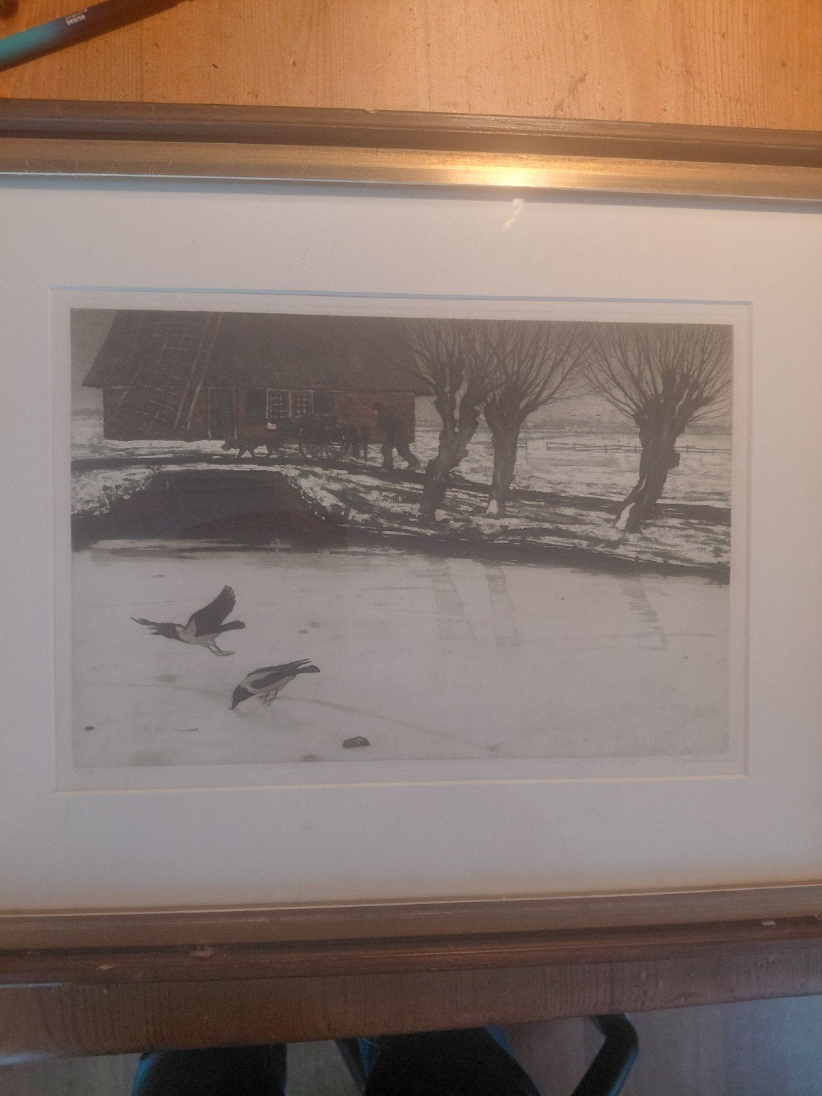 Tjeerd BOTTEMA Kraaien en molen in de  sneeuwneeuw, Ophalen of Verzenden, Landschap, Ets, 1900 - 1949
