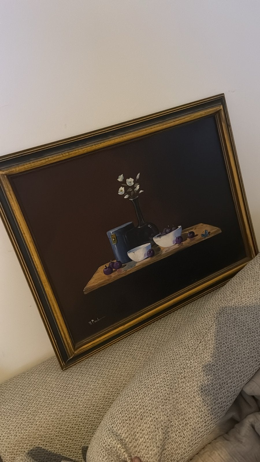 Stilleven met fruit en bloemen, gesigneerd, Antiek en Kunst, Doek, Stilleven, Ophalen of Verzenden, Gesigneerd