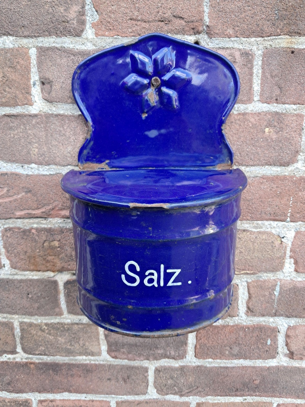 Vintage emaille kobaltblauwe Slaz/Zout pot, Antiek en Kunst, Ophalen of Verzenden
