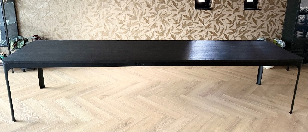 Zwarte i-Table massief eiken en stalen eettafel 350cm x 90cm, Huis en Inrichting, Ophalen, Eikenhout, 200 cm of meer, 50 tot 100 cm