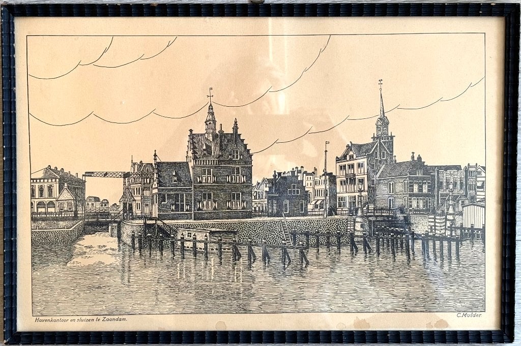 havenkantoor Zaandam, Antiek en Kunst, Achter glas, Ophalen of Verzenden, Tekening, Klassiek