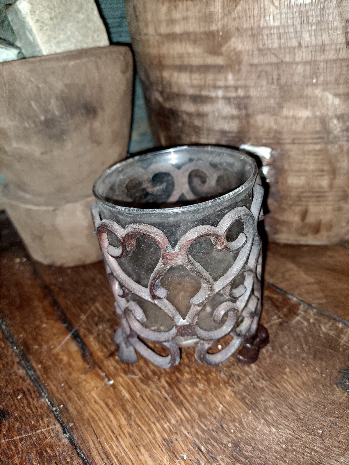 Kleine metalen waxinelichthouder met glaasje, Gebruikt, ., Waxinelichthouder, Ophalen of Verzenden