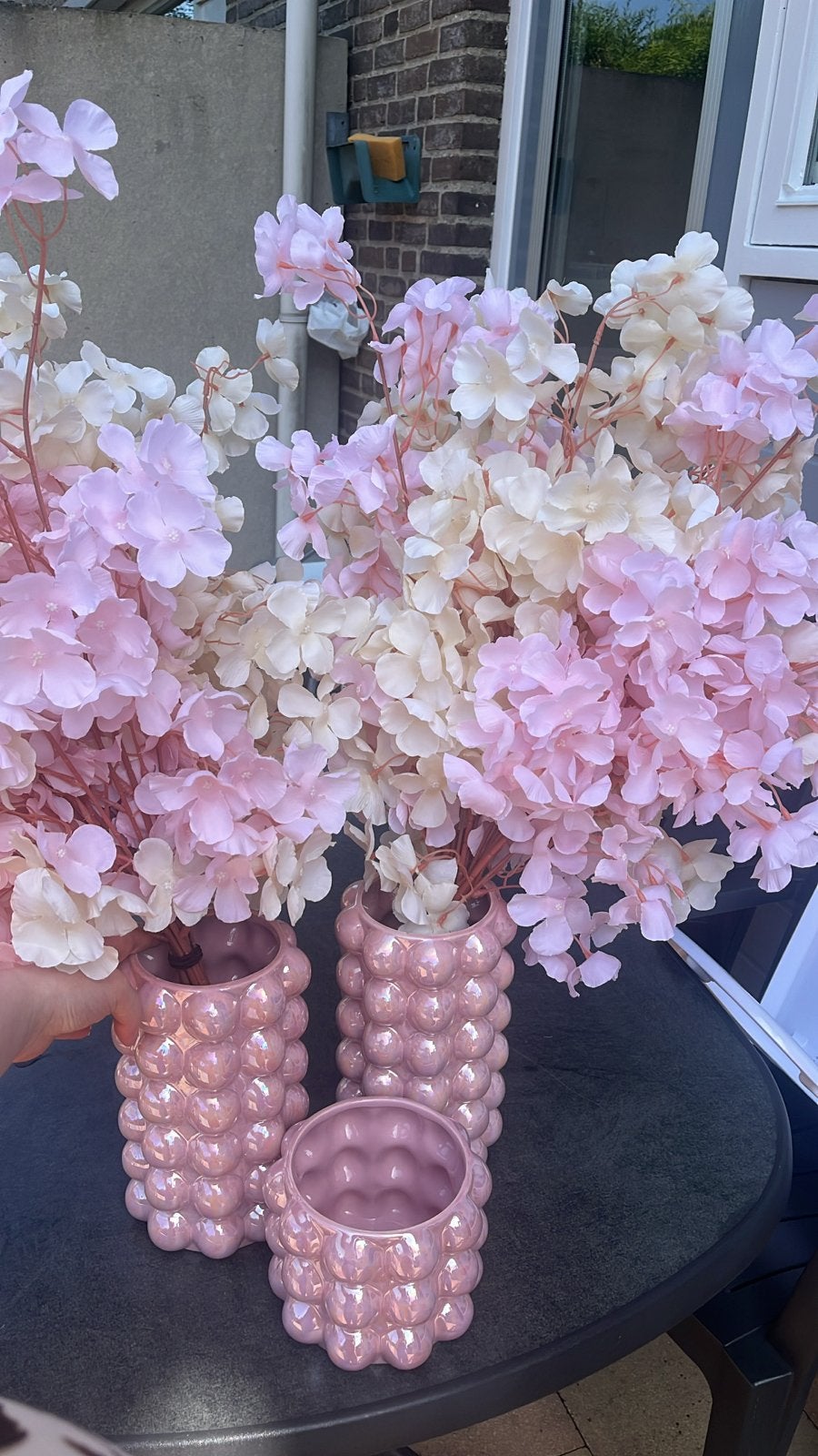 Set van 3 roze bubbelvazen met kunstbloemen, Overige kleuren, 50 tot 75 cm, Aardewerk of Porselein, Nieuw