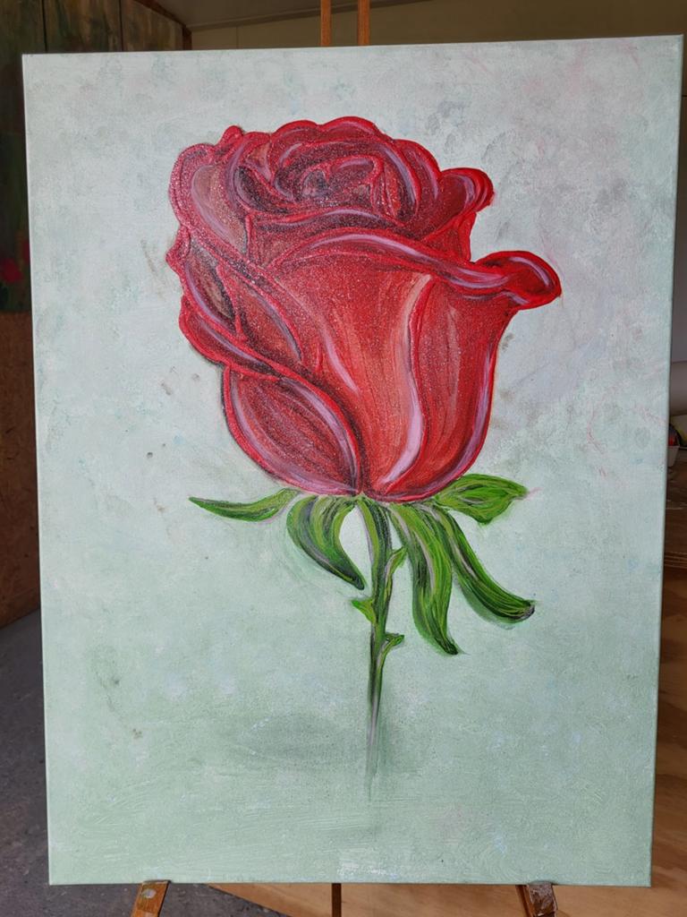 Schilderij rode roos op canvas, Ophalen