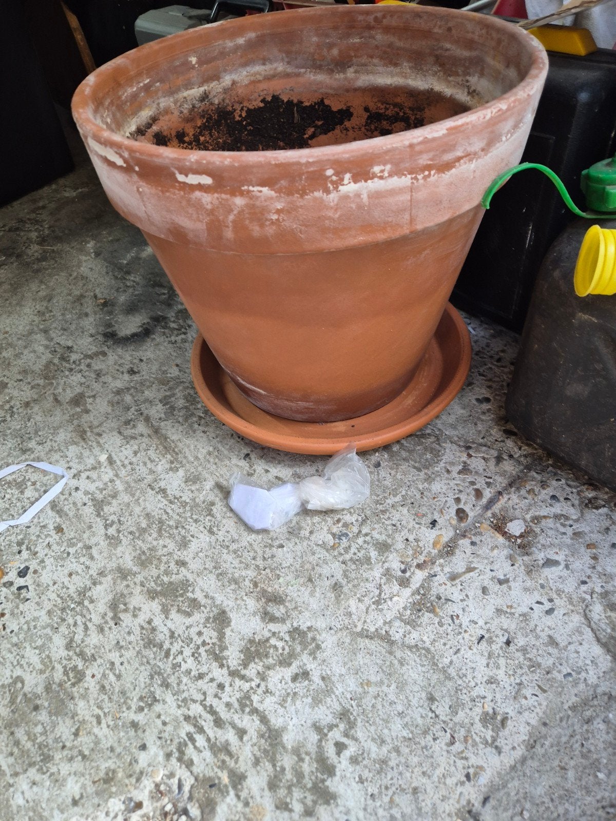 Grote terracotta bloempot met schotel, Tuin en Terras, Bloempotten, Gebruikt, 40 cm of meer, Rond, Ophalen of Verzenden