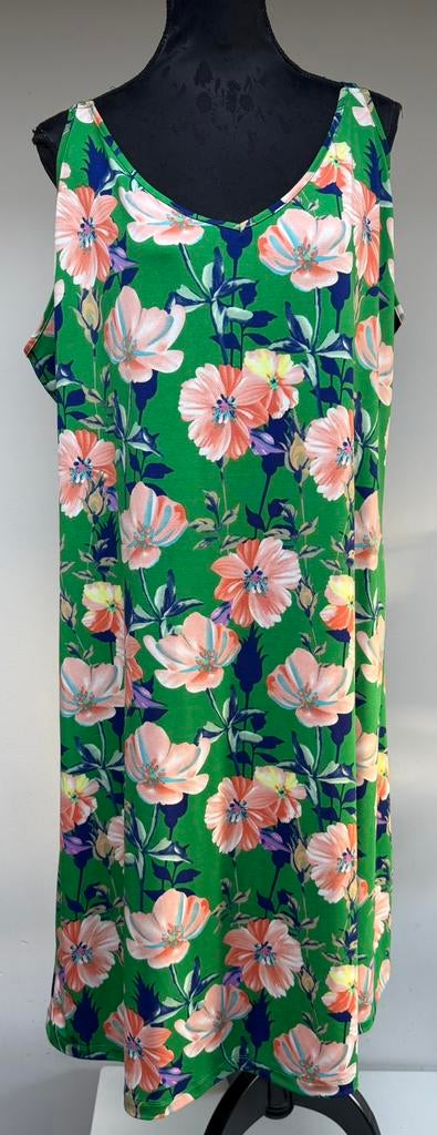 Superleuke groene jurk roze bloemen spaghettibandjes 52/54, Kleding | Dames, Ophalen of Verzenden, Zo goed als nieuw, Groen, Jurk