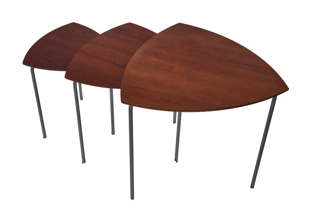 Vintage set van 3 teakhouten metaal bijzettafels jaren 80, Minder dan 55 cm, Gebruikt, Vintage, 60 cm of meer