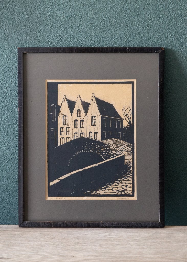 H.P. Bremmer - Houtsnede "Am Padua" (Paderborn), Stadsgezicht, Houtsnede, Met tekst, 40 cm