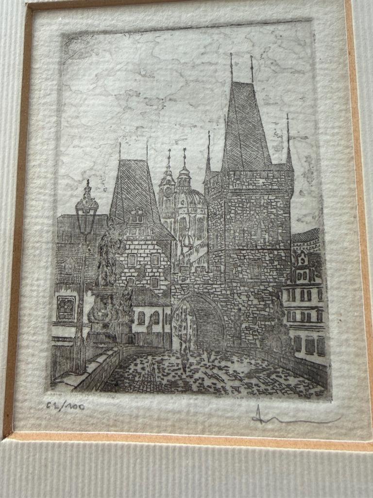ANTIEKE ETS PRAAG, Ingelijst, Ets, Stadsgezicht, 19 cm