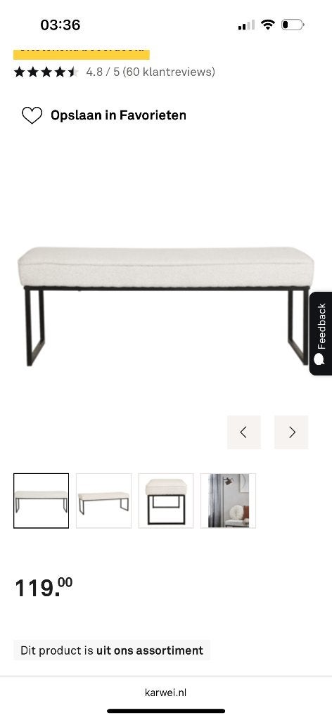 KARWEI bankje Pien boucle, Ophalen, Zo goed als nieuw, Rechthoekig, 125 cm of meer