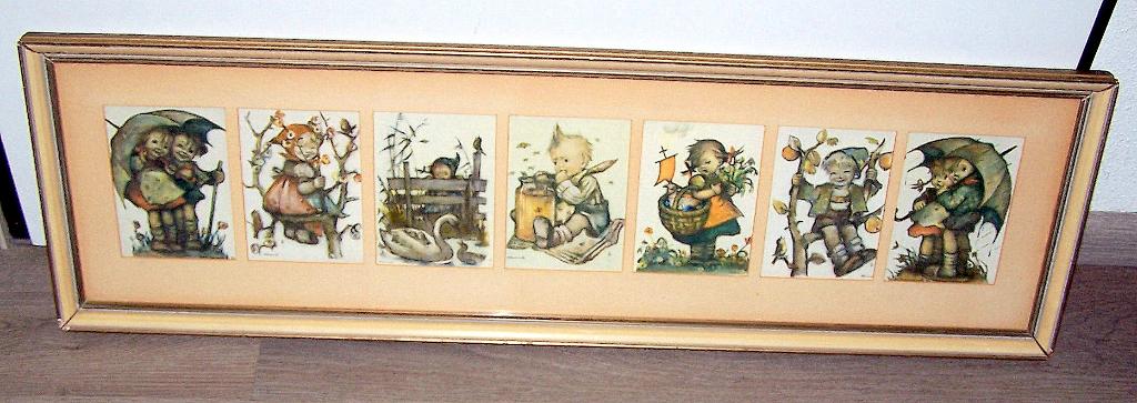 7 originele Hummel prenten in lijst, achter glas. 84x25cm., Ophalen of Verzenden