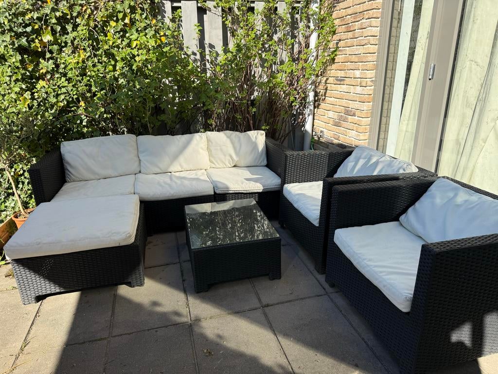 Loungeset tuin: bank met chaise longue en 2 stoelen, Ophalen, 5 zitplaatsen, Gebruikt, Loungeset