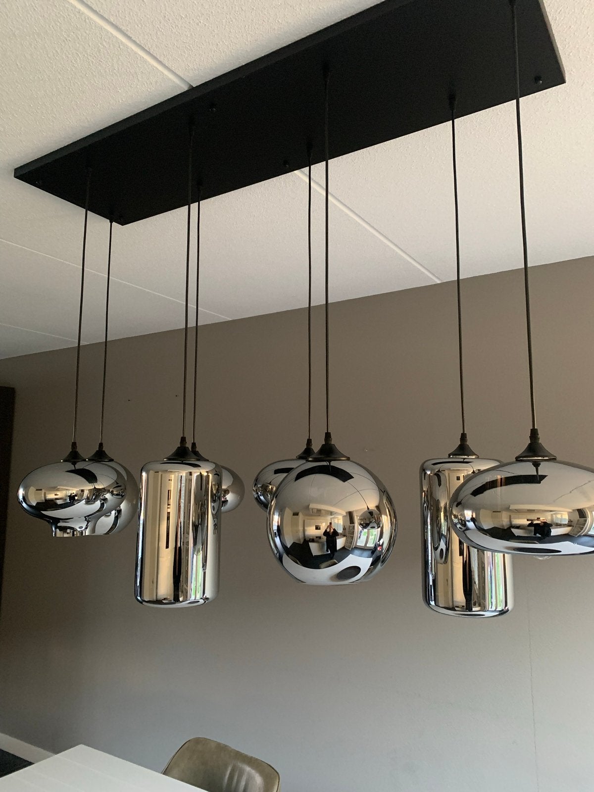 Design hanglamp 8 bulbs metallic smoke, Ophalen, Gebruikt, Glas, E27 (groot)