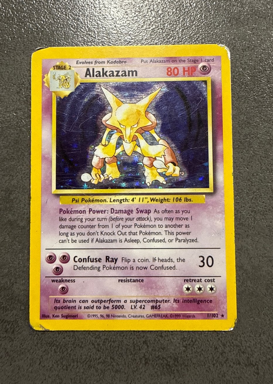 Pokémon Kaart: Alakazam 1/102 Holo Base Set, Hobby en Vrije tijd, Verzenden, Gebruikt, Losse kaart, Foil