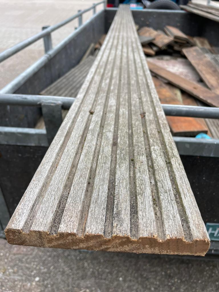 Hardhouten vlonderplanken Bankirai 20 mm dik, totaal 28,5 m2, Ophalen, Gebruikt, Planken, Hardhout