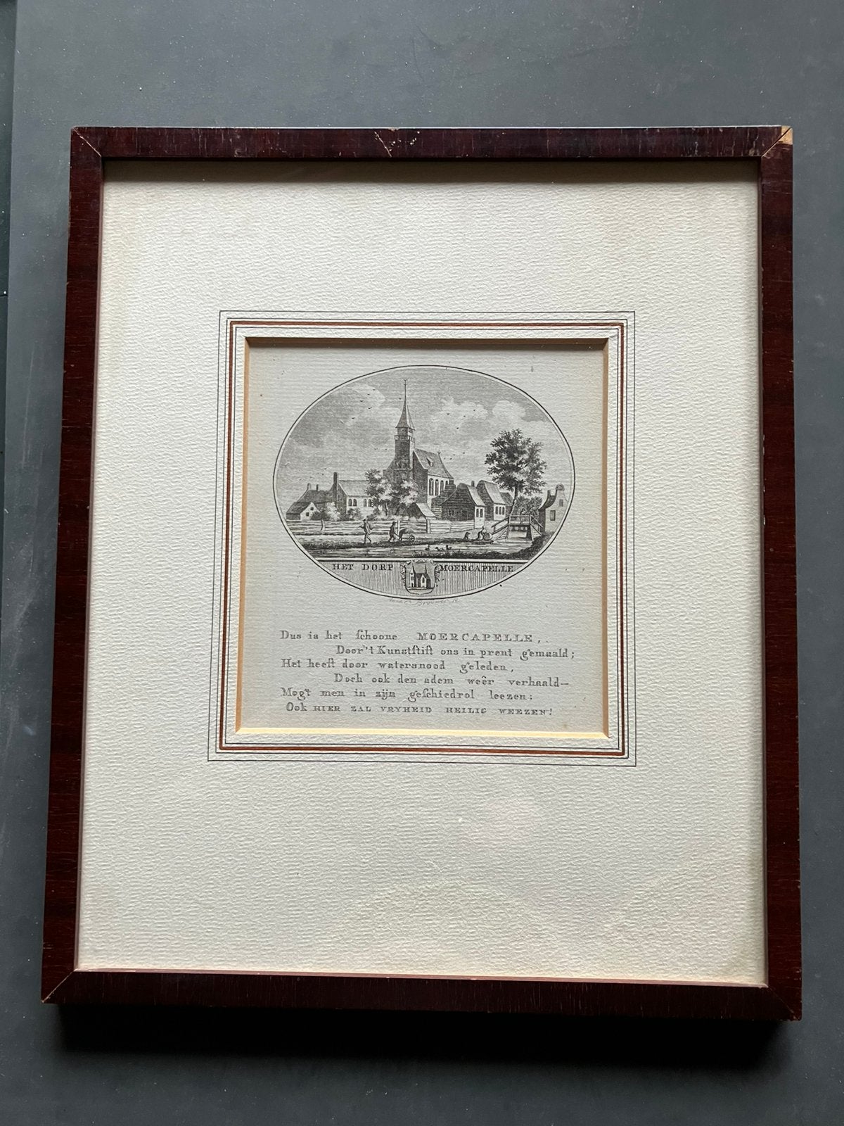 Antieke gravure MOERKAPELLE in lijst, Antiek en Kunst, Kunst | Etsen en Gravures, Ophalen