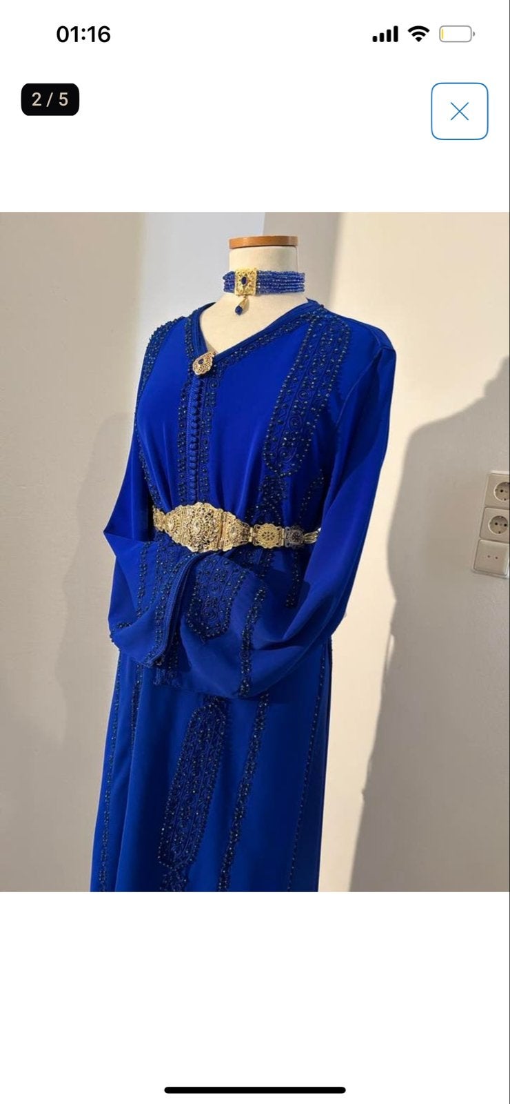 Prachtige Koningsblauwe Kaftan met Gouden Details, Blauw, Zo goed als nieuw, Onder de knie, Ophalen