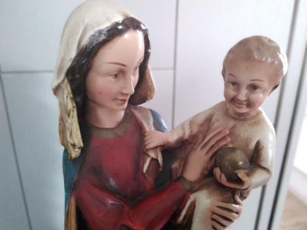 Antiek Mariabeeld met kindje Jezus onder glazen stolp, Ophalen