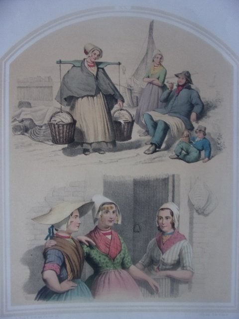 Klederdrachtprent Bing & Braet XX Zeeland Arnemuiden 1857, Antiek en Kunst, Mode, Ophalen of Verzenden, Blanco verso, 32 cm