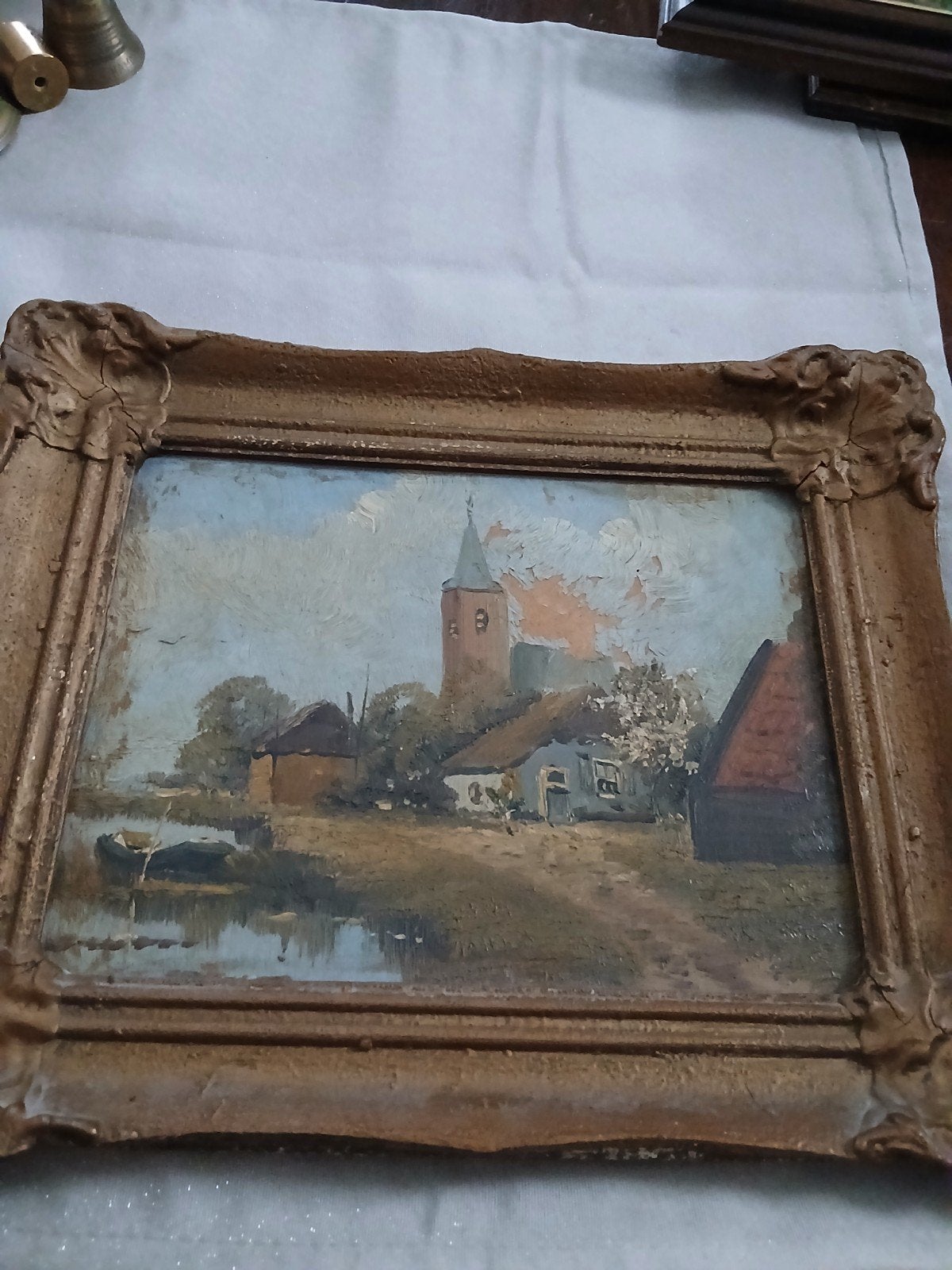 Oud Hollands landschap met kerk en water, Paneel, Nederlandse school, Ophalen of Verzenden, Landschap