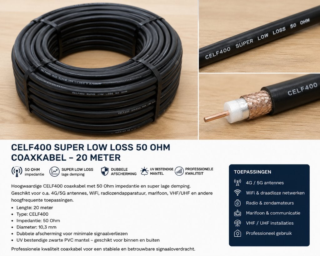CELF400 Super Low Loss 50 Ohm Coaxkabel – 20 meter, Ophalen, Nieuw, 10 meter of meer, Coaxiale kabel