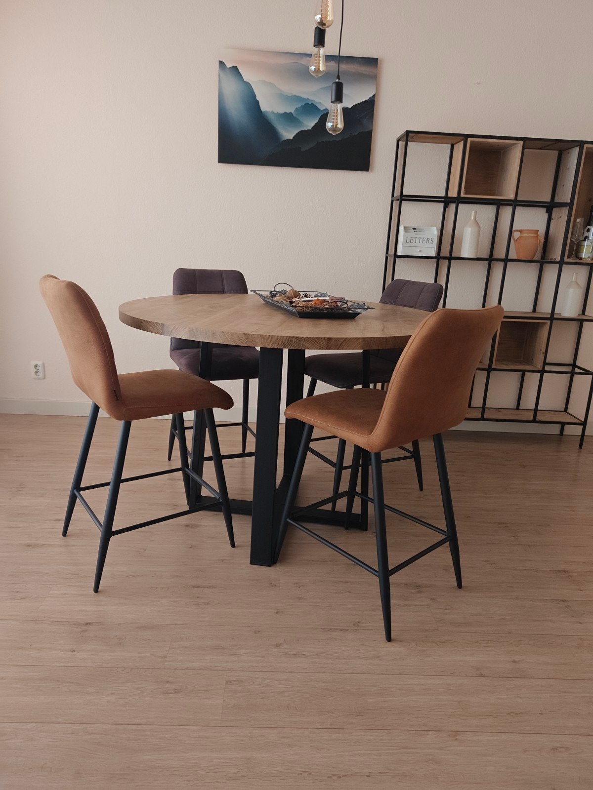 Ronde eettafel hout zwart metaal met 4 stoelen, Huis en Inrichting, Gebruikt, Rond, Vier personen, Ophalen