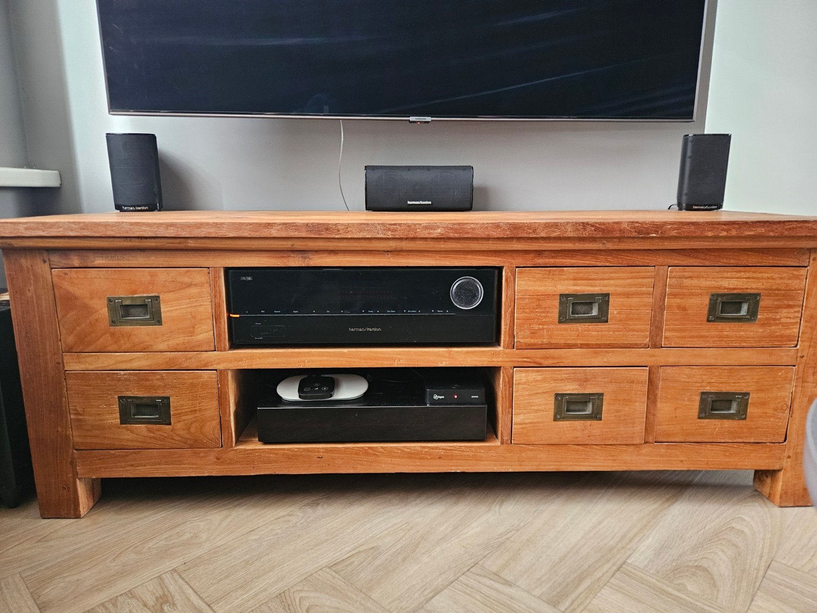 Massief houten tv-meubel met lades, Gebruikt, 100 tot 150 cm, Minder dan 100 cm, 25 tot 50 cm