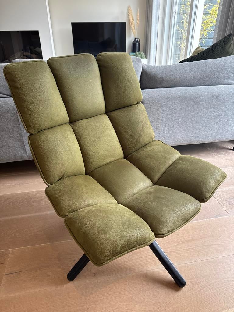 Groene fauteuil 360 graden draaibaar, Ophalen, 75 tot 100 cm, Zo goed als nieuw, Stof