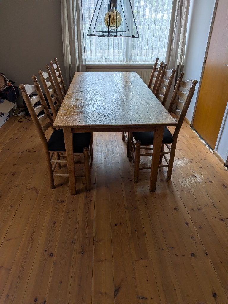 Eettafel met zes stoelen, Ophalen, Gebruikt, Eikenhout, 200 cm of meer