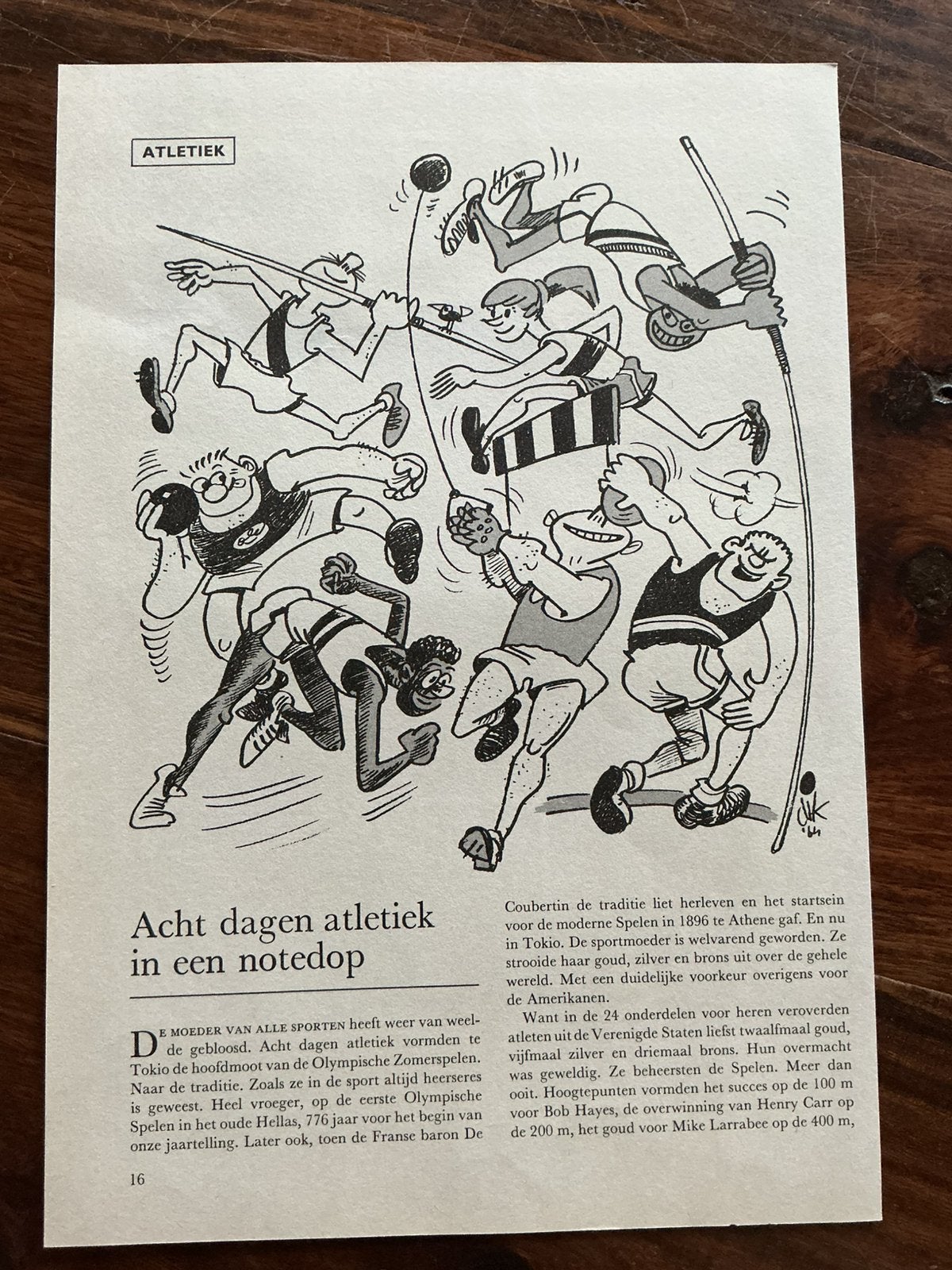 Atletiek karikatuur Dik Bruynesteyn Olympische spelen, Verzenden, Knipsel(s)