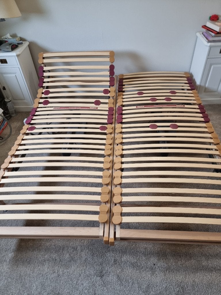 2 elektrische lattenbodems + mline matrassen + splittopper, Huis en Inrichting, Ophalen, 90 cm, Wit, Tweepersoons