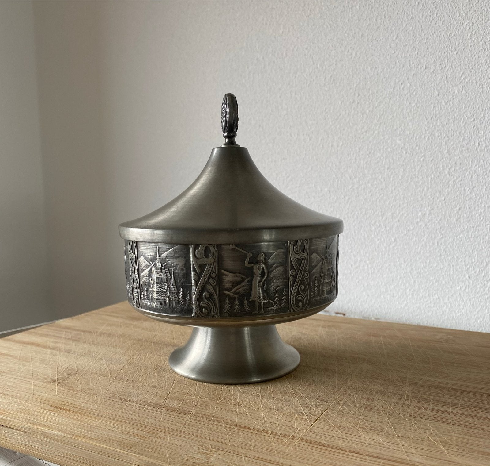 Vintage Kyrre Norsk Tinn Pewter Beker met Deksel, Ophalen of Verzenden