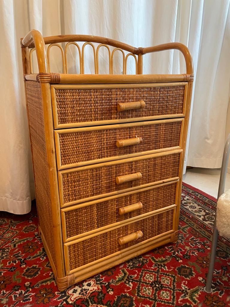 Vintage retro rotan ladekast met 5 laden, Huis en Inrichting, Kasten | Ladekasten, Ophalen, Gebruikt, 5 laden of meer, Bohemian, retro, vintage, 70s