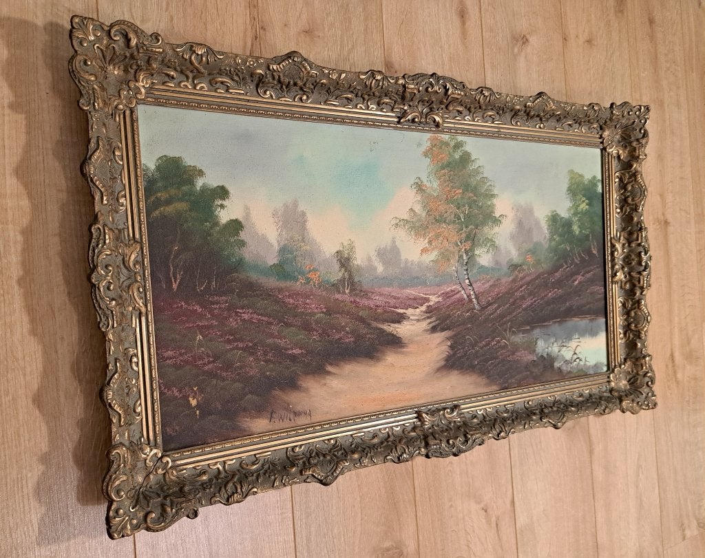 groot olieverf schilderij heide landschap barok gouden lijst, Antiek en Kunst, Ophalen, Doek, Olieverf, Klassiek